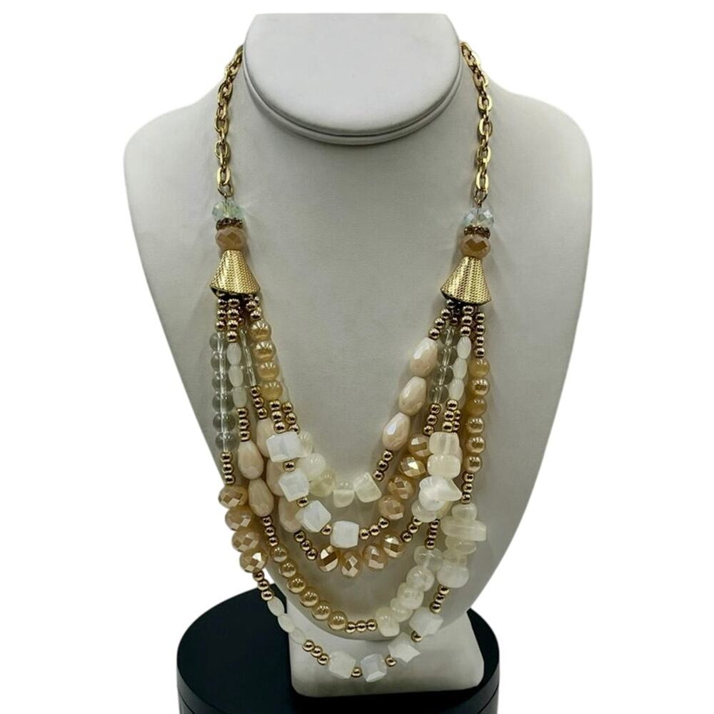 Natasha MultiStrand Layered Peach Opal White AB Beaded Statement Necklace